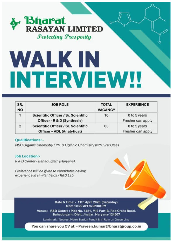 Freshers Needed In R&D / ADL At Bharat Rasayan Limited