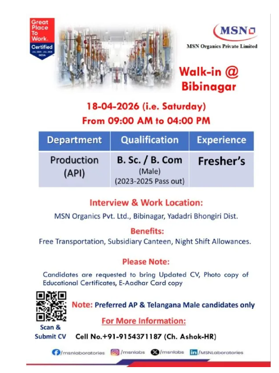 Freshers Needed In Production department At MSN Organics