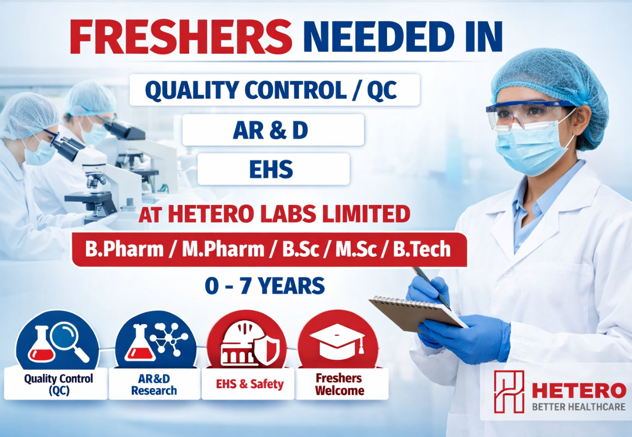 Freshers Needed In Quality Control / QC / AR&D / EHS At Hetero Labs Limited