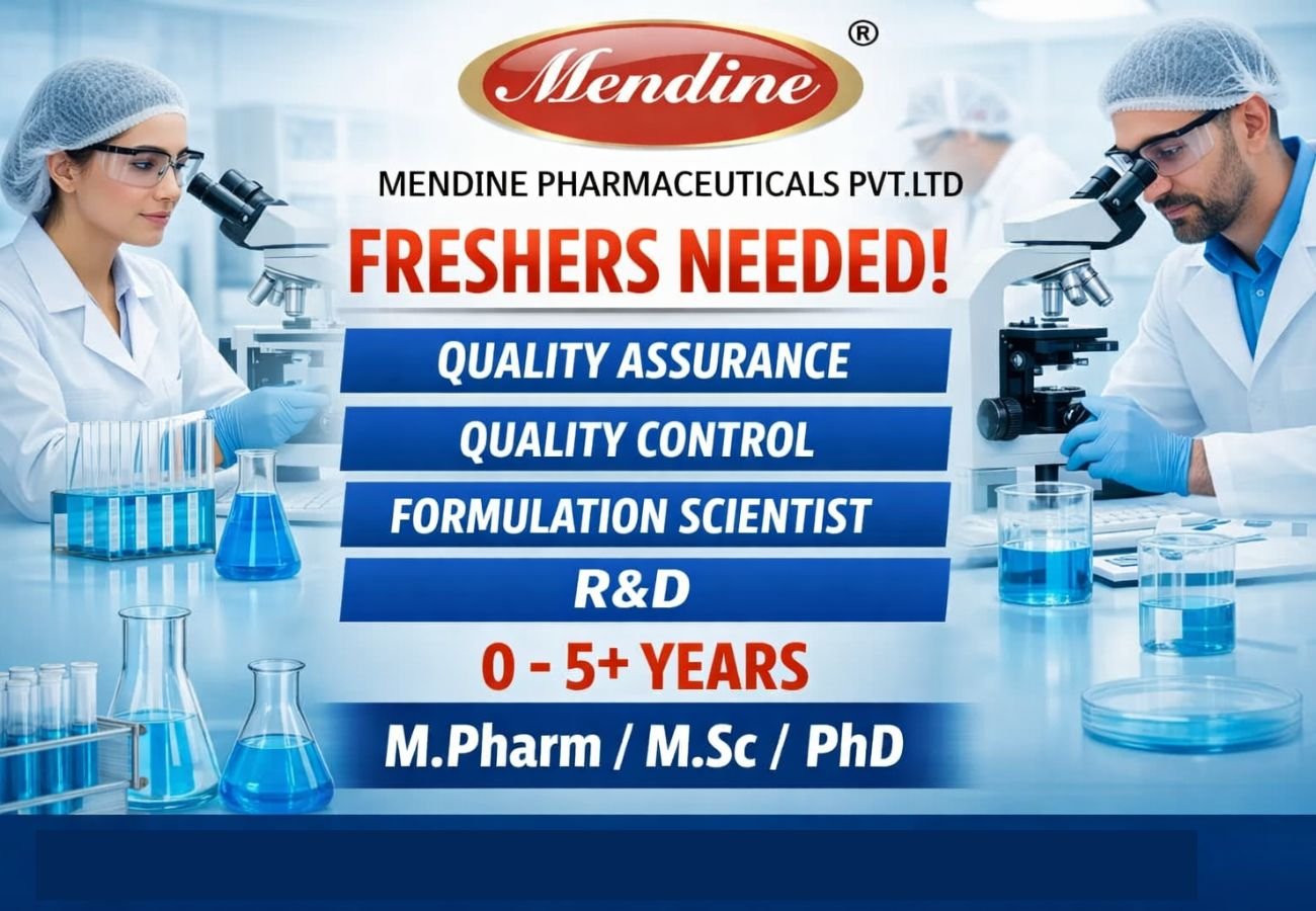 Freshers Needed In Quality Assurance / Quality Control / Formulation Scientist / R&D At Mendine Pharmaceuticals