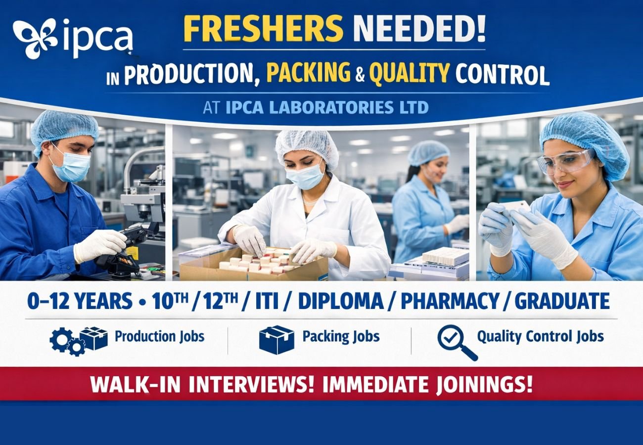 Freshers Needed In Production, Packing, and Quality Control At Ipca Laboratories Ltd