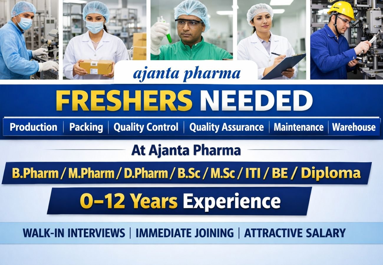 Freshers Needed In Production, Packing, Quality Control, Quality Assurance, Maintenance, Warehouse At Ajanta Pharma