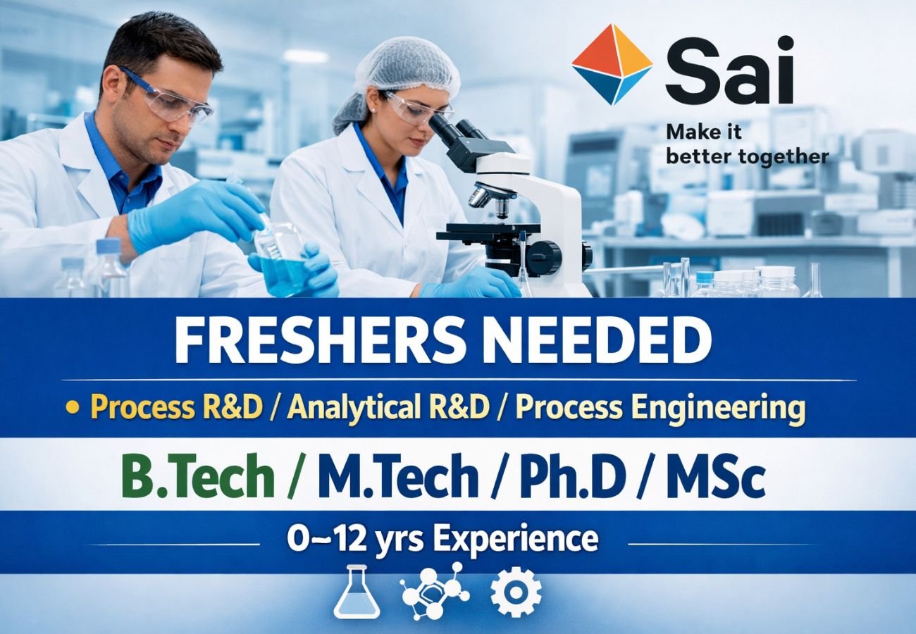 Freshers Needed In Process R&D / Analytical R&D / Process Engineering At Sai Life Sciences