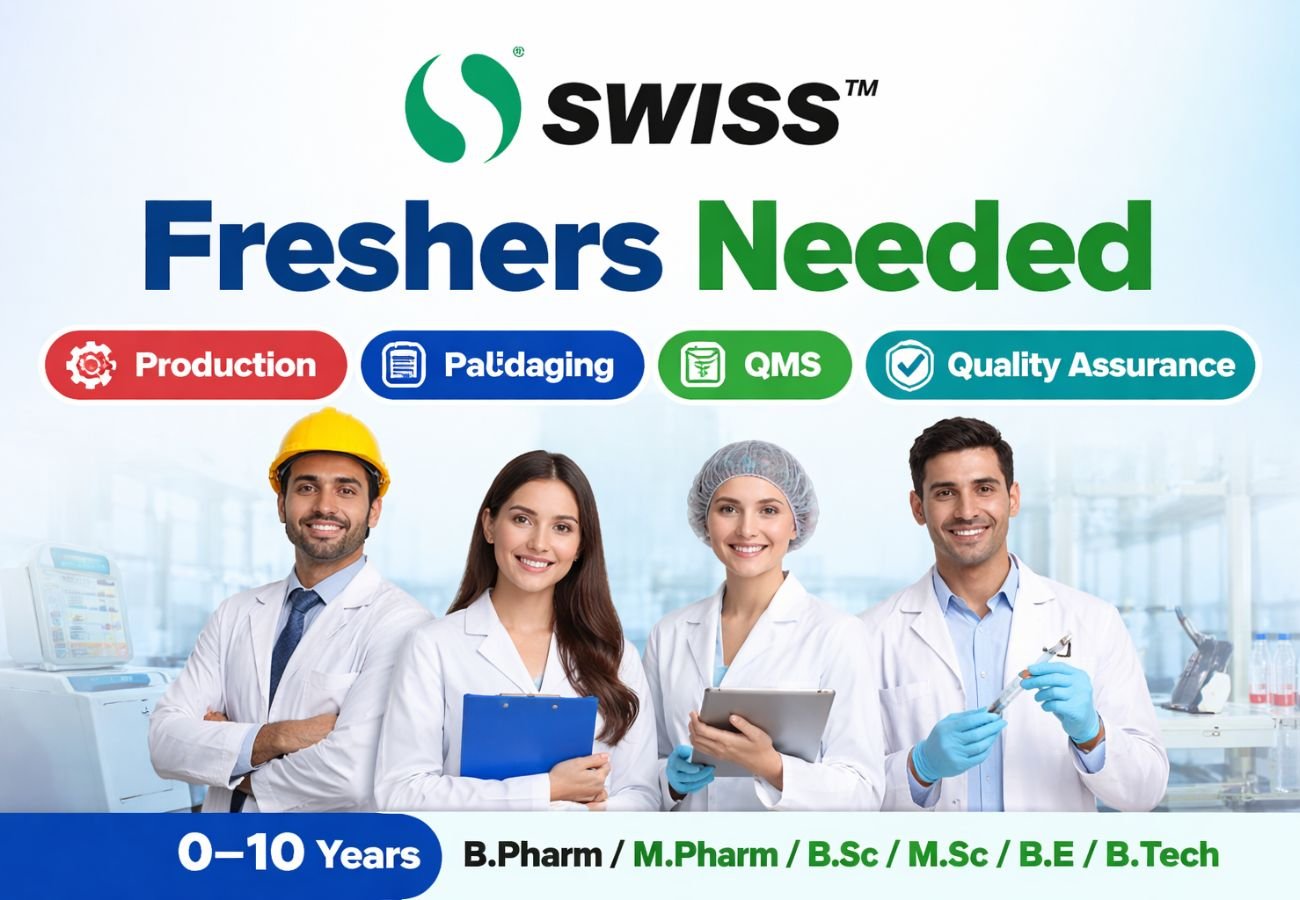 Freshers Needed In Production / Validation / Packaging / QMS / Quality Assurance At Swiss Parenterals