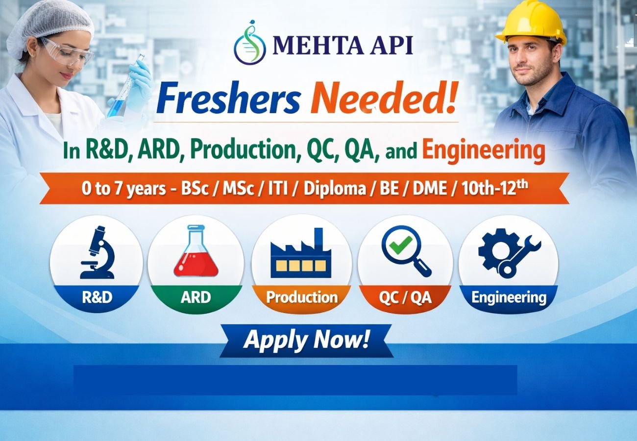 Freshers Needed In R&D, ARD, Production, QC, QA, and Engineering At Mehta API