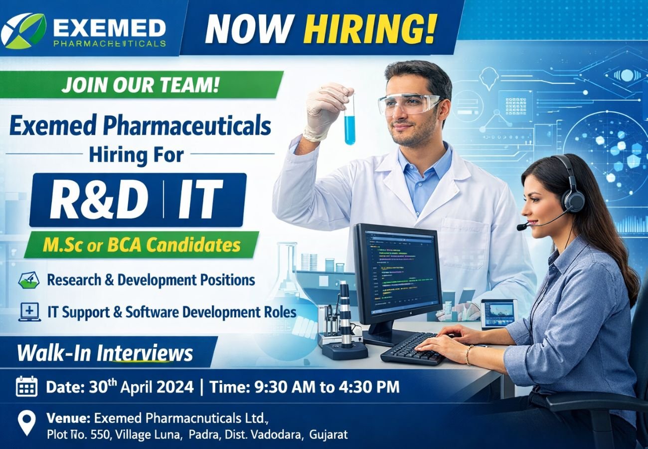 Exemed Pharmaceuticals Hiring For R&D, IT