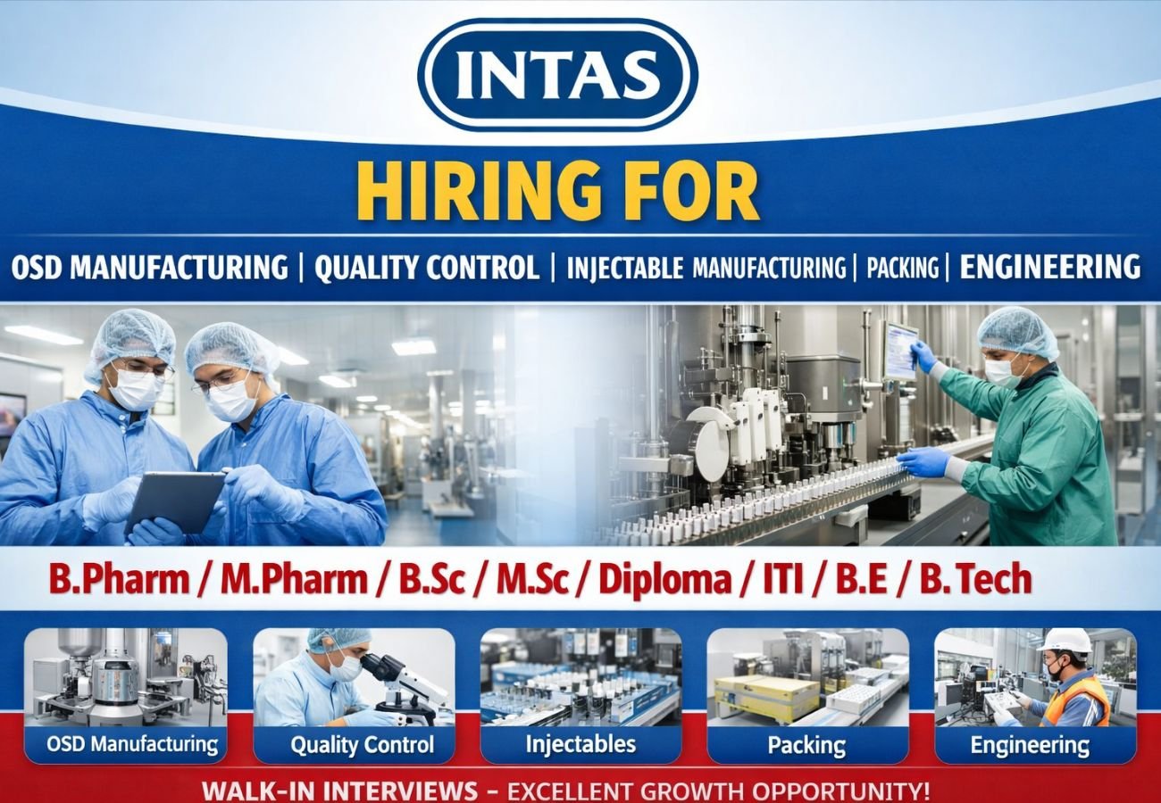 Intas Pharmaceuticals Hiring For OSD Manufacturing, Quality Control, Injectable Manufacturing, Packing, and Engineering
