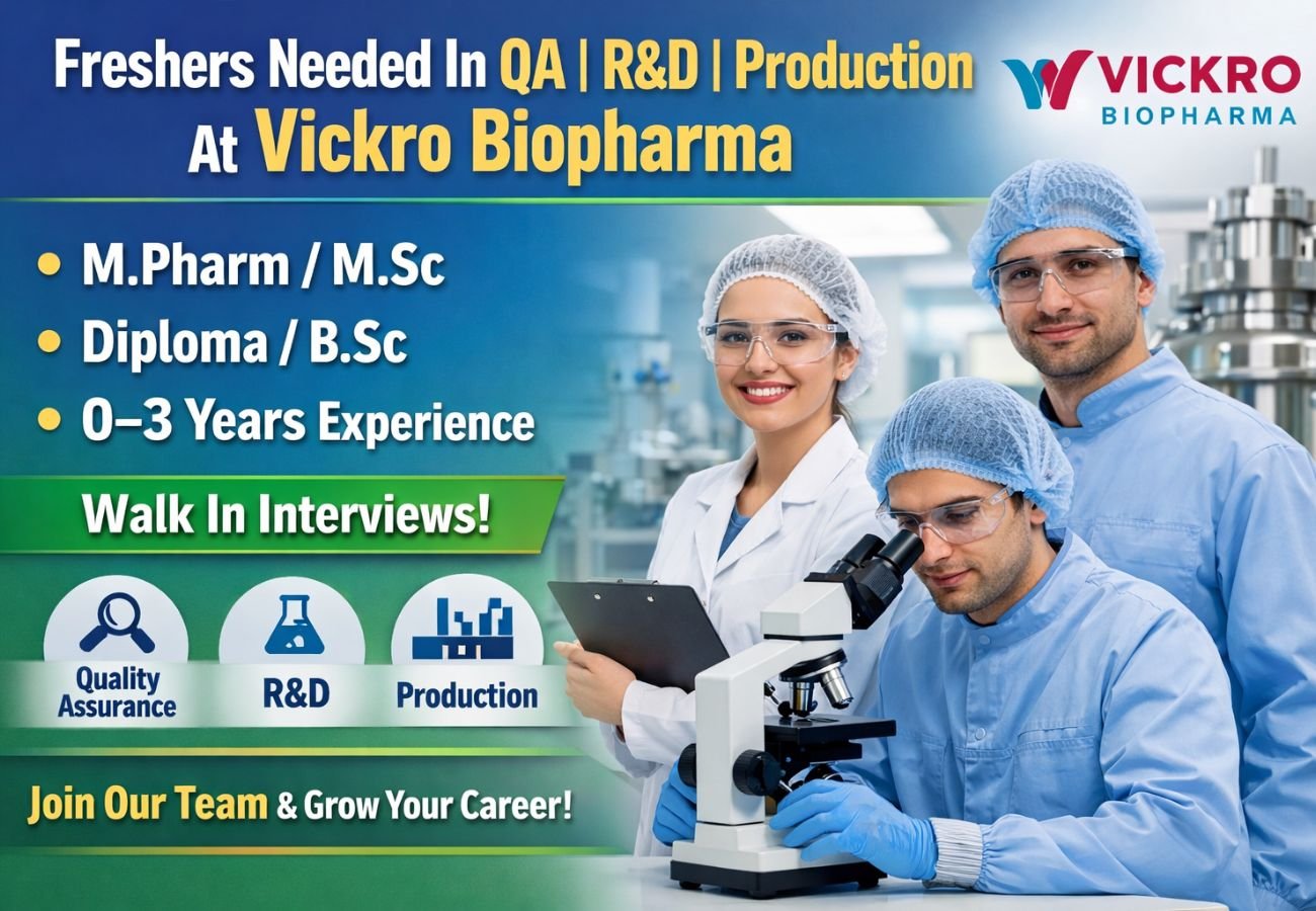 Freshers Needed In QA | R&D | Production At Vickro Biopharma