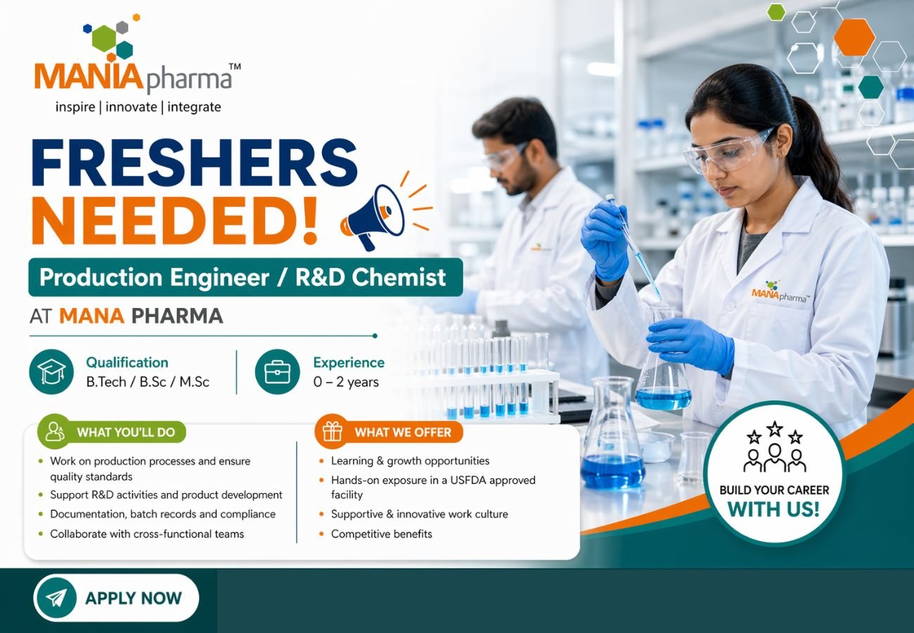 Freshers Needed In Production Engineer / R&D Chemist At Mana Pharma