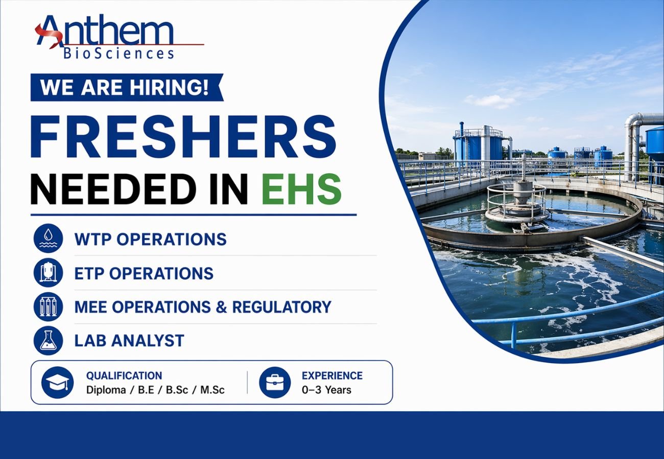 Freshers Needed In EHS – WTP, ETP, MEE Operations & Regulatory, Lab Analyst At Anthem BioSciences