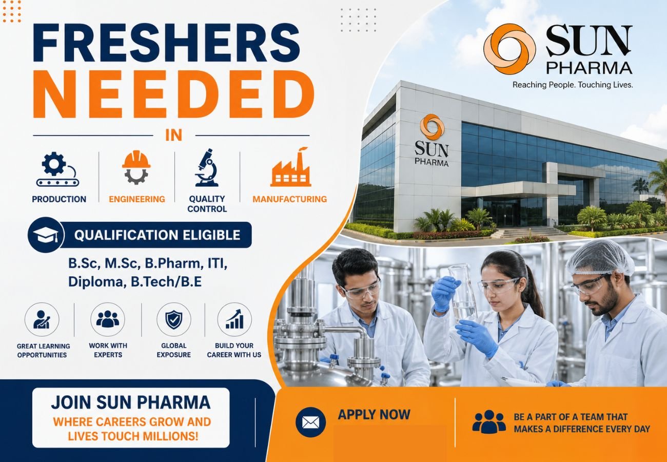 Freshers Needed In Production / Engineering / Quality Control / Manufacturing At Sun Pharma