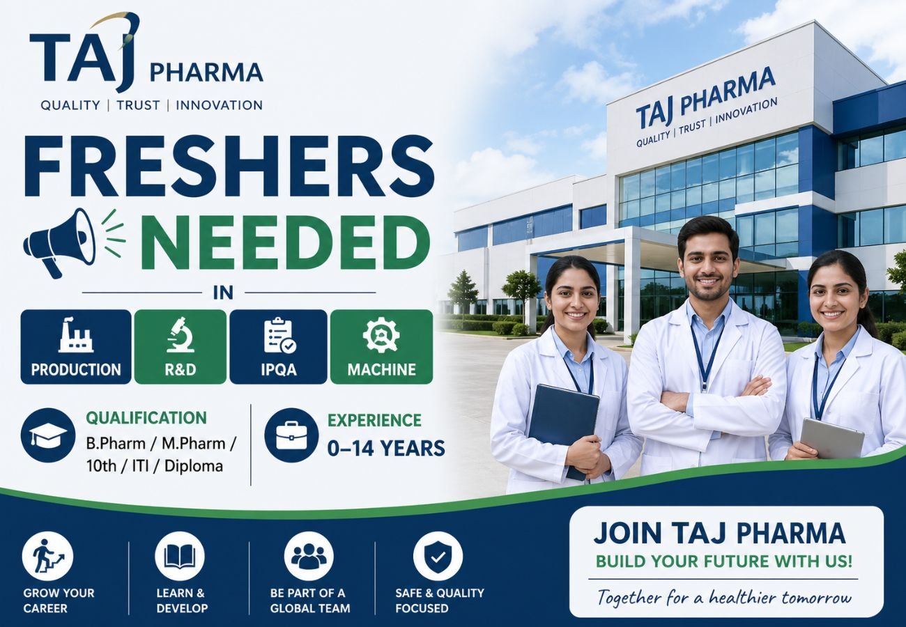 Freshers Needed In Production / R&D / IPQA / Machine At Taj Pharma