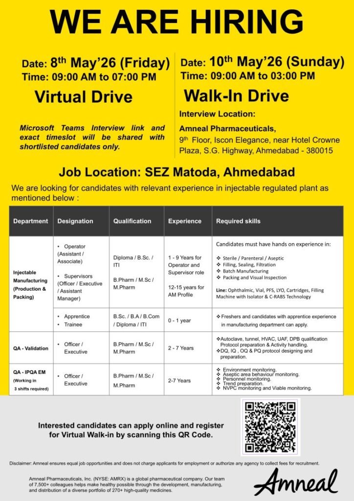 Freshers Needed In Production & Packing / QA At Amneal Pharmaceuticals