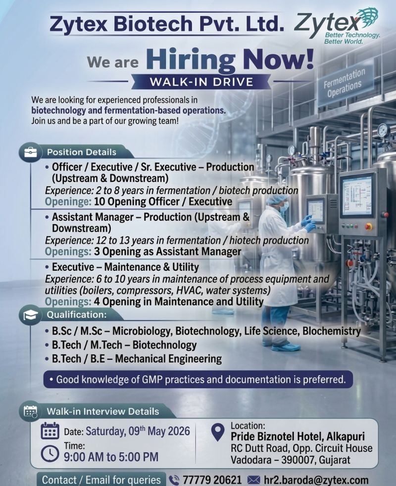Zytex Biotech Hiing For Production / Maintenance & Utility