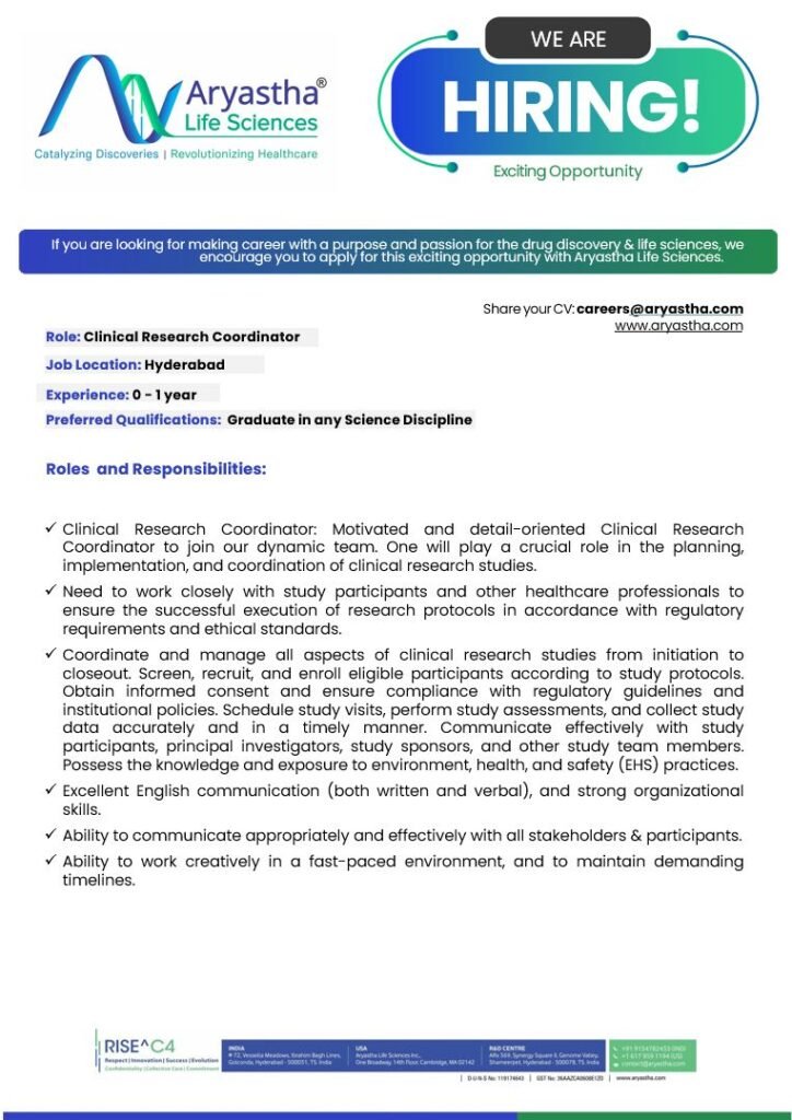 Freshers Needed In Clinical Research Coordinator At Aryastha Life Sciences