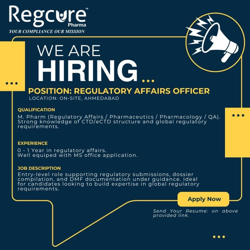 Freshers Needed In Regulatory Affairs At Regcure