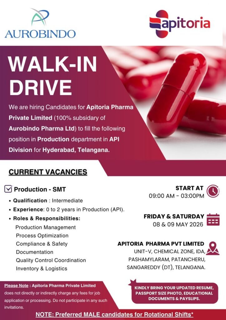 Freshers Needed In Production At Apitoria Pharma
