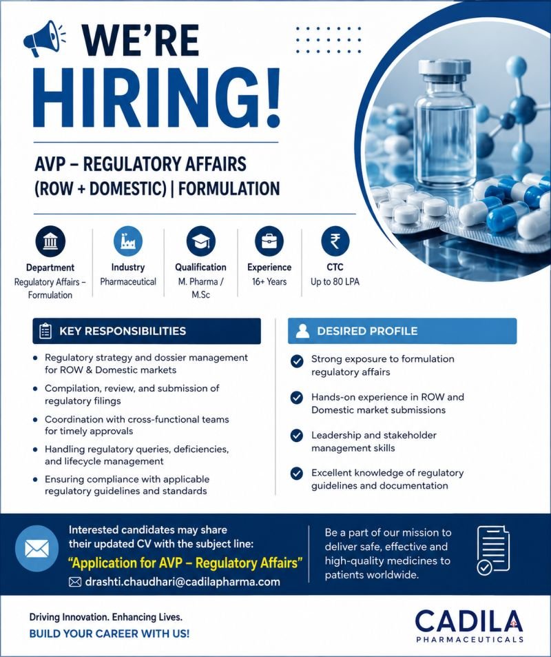 Cadila Pharmaceuticals Hiring For Regulatory Affairs – Formulation