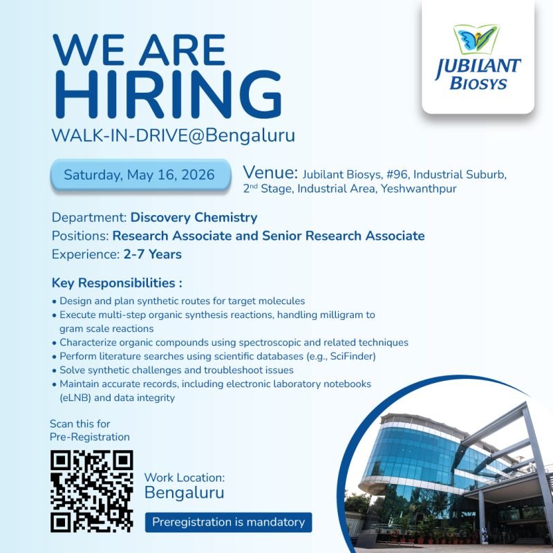 Jubilant Biosys Hiring For Discovery Chemistry