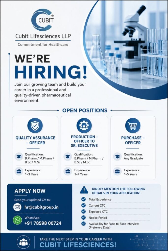 Cubit Lifesciences Hiring For Quality Assurance / Production / Purchase