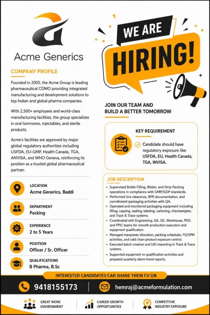 Acme Generics Hiring For Packing