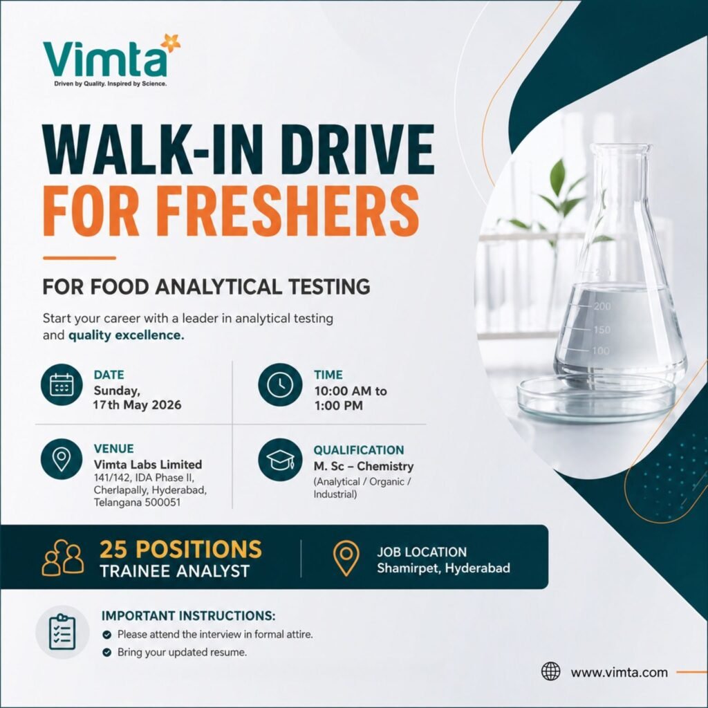Freshers Needed In Trainee Analyst At Vimta Labs