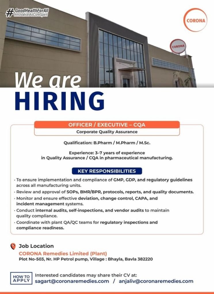 Corona Remedies Hiring For Corporate Quality Assurance