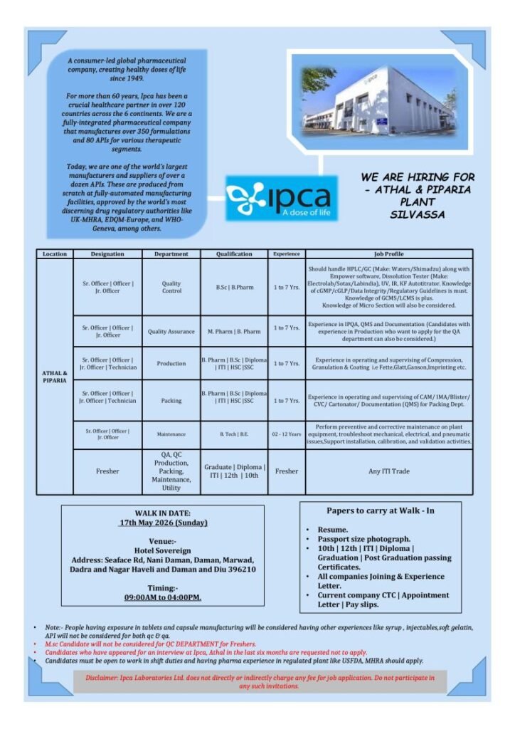 Freshers Needed In Quality Control, Quality Assurance, Production, Packing, Maintenance, Utility At Ipca Laboratories Freshers Needed In Quality Control, Quality Assurance, Production, Packing, Maintenance, Utility At Ipca Laboratories