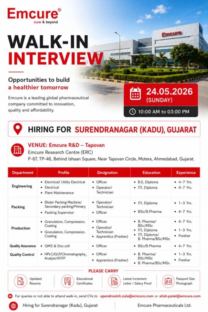 Freshers Needed In Production / Quality Assurance / Quality Control / Packing / Engineering At Emcure Pharmaceuticals