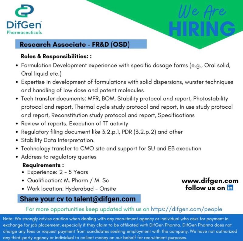 DifGen Pharmaceuticals Hiring For Formulation Research & Development