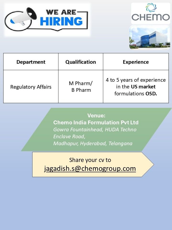 Chemo India Hiring For Regulatory Affairs Chemo India Hiring For Regulatory Affairs