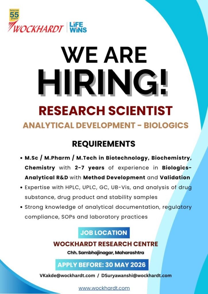 Wockhardt Hiring For Research Scientist – Analytical Development (Biologics)