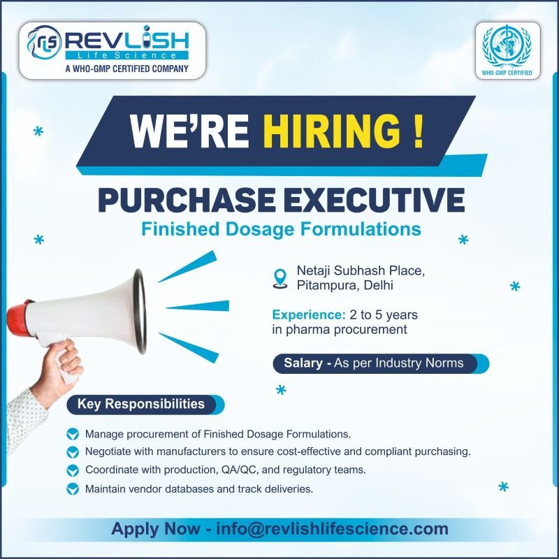 Revlish Life Science Hiring For Regulatory Affairs / Purchase Executive Revlish Life Science Hiring For Regulatory Affairs / Purchase Executive