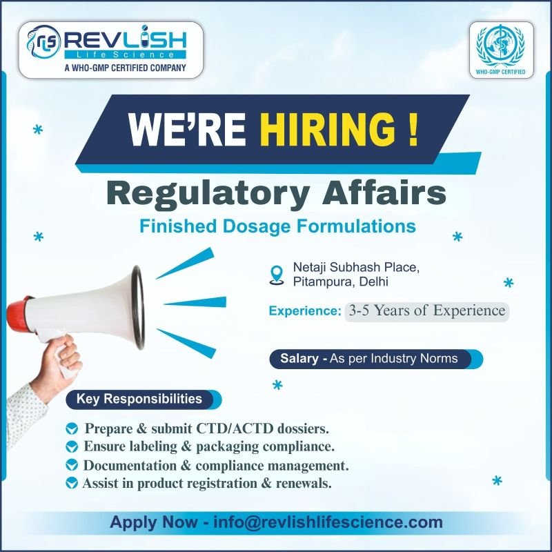 Revlish Life Science Hiring For Regulatory Affairs / Purchase Executive Revlish Life Science Hiring For Regulatory Affairs / Purchase Executive