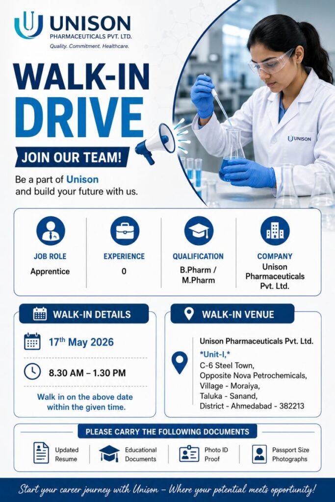 Unison Pharmaceuticals Pvt Hiring For Freshers Apprenticeship