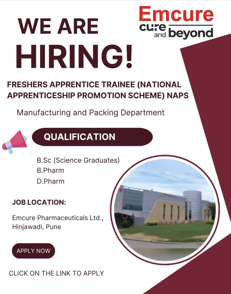 Freshers Needed In Manufacturing & Packing At Emcure Pharmaceuticals