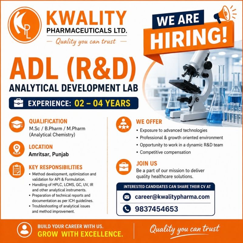 Kwality Pharmaceuticals Hiring For Research & Development