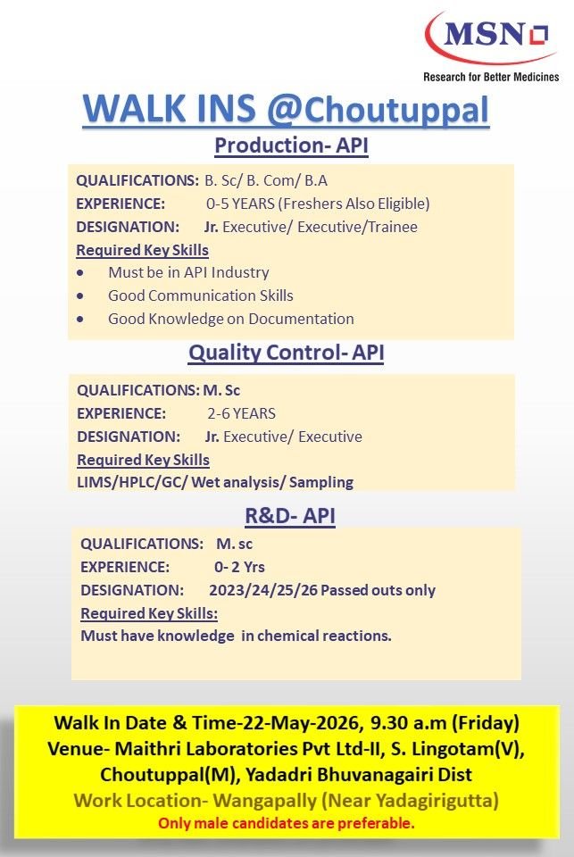 Freshers Needed In Production / Quality Control / R&D At MSN Laboratories