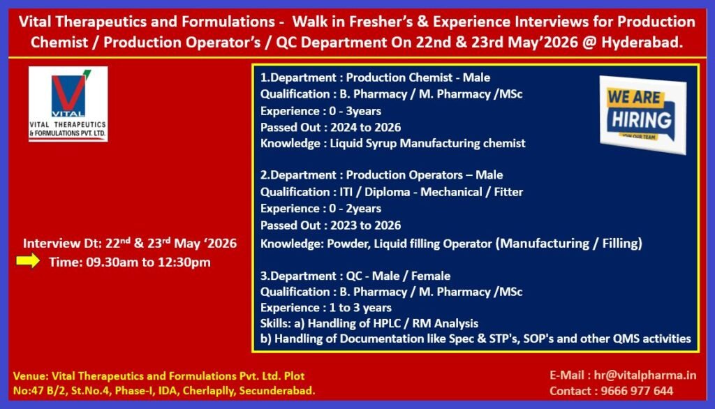 Freshers Needed In Quality Control / Production At Vital Therapeutics Freshers Needed In Quality Control / Production At Vital Therapeutics