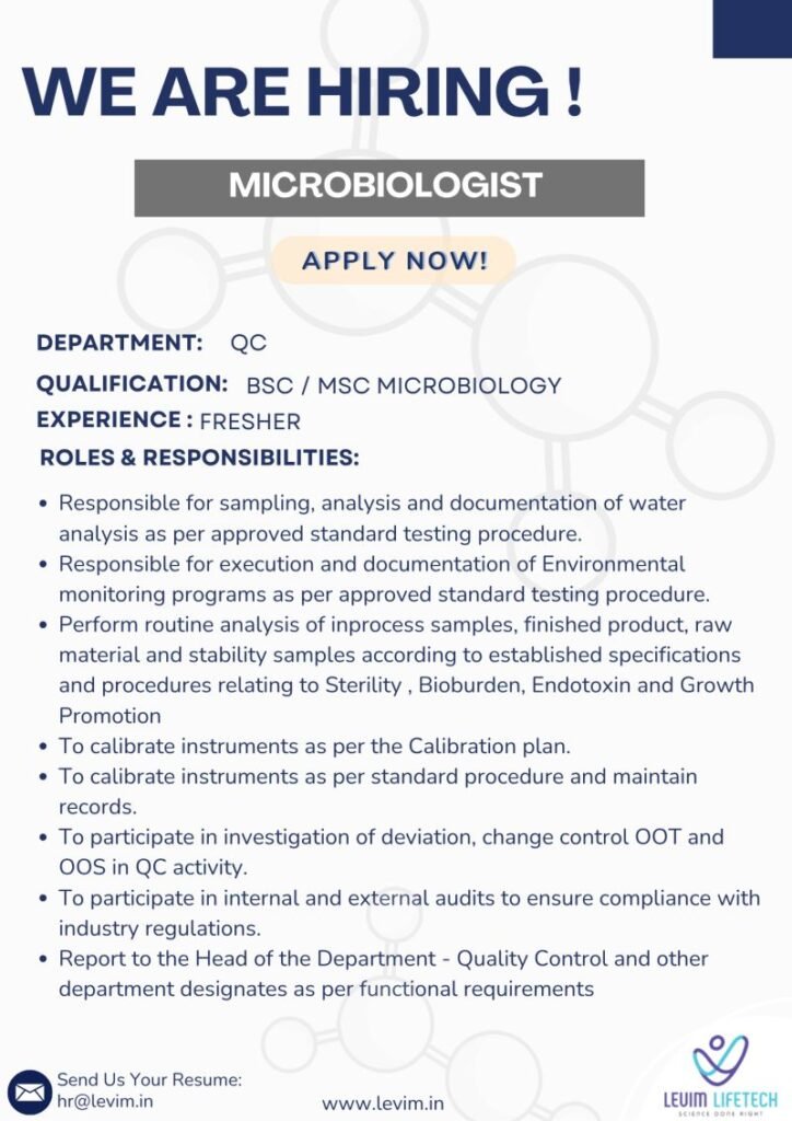 Freshers Needed In Quality Control At Levim Lifetech Pvt. Ltd