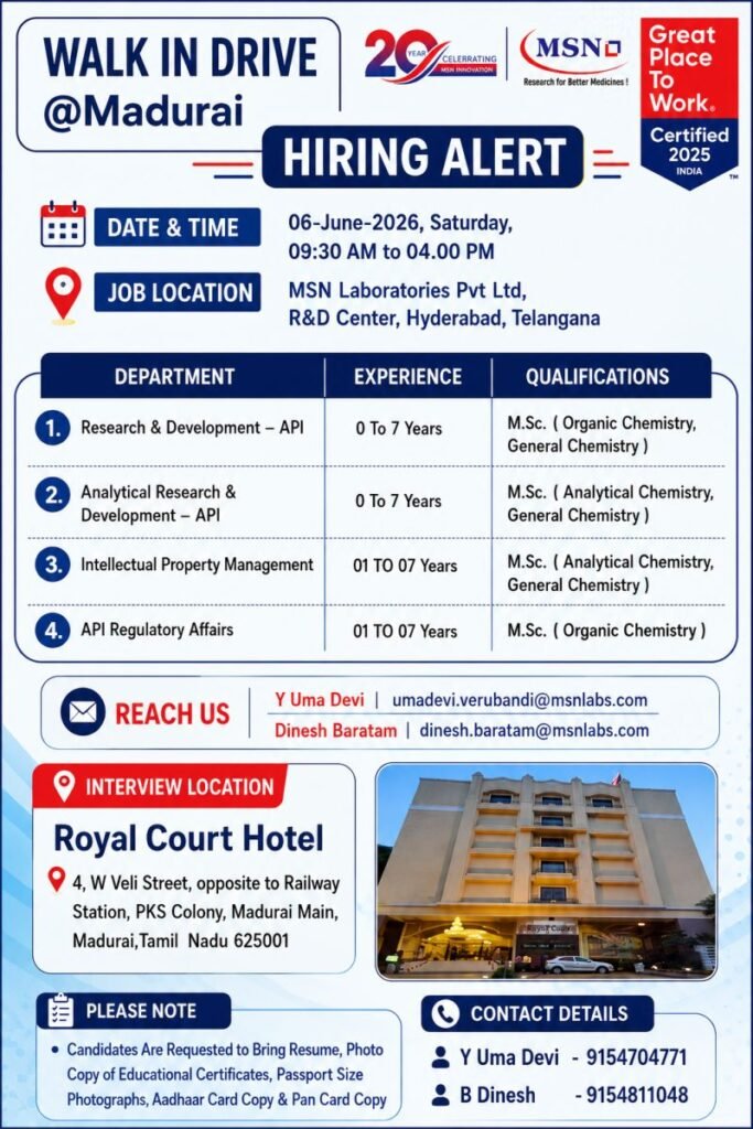Freshers NeeFreshers Needed In Regulatory Affairs / Intellectual Property Management / Analytical Research & Development / Research & Development MSN Laboratories Pvt Ltd Freshers NeeFreshers Needed In Regulatory Affairs / Intellectual Property Management / Analytical Research & Development / Research & Development MSN Laboratories Pvt Ltd