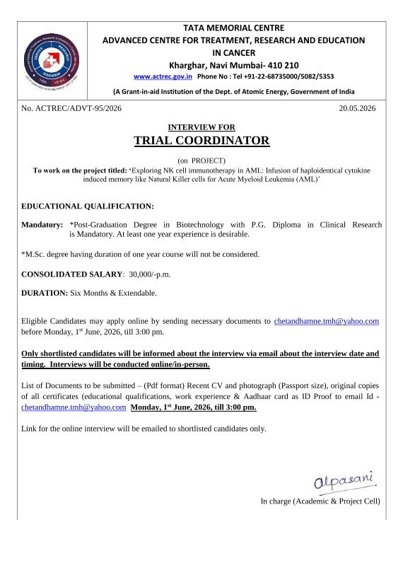 Tata Memorial Centre Hiring For Trial Coordinator