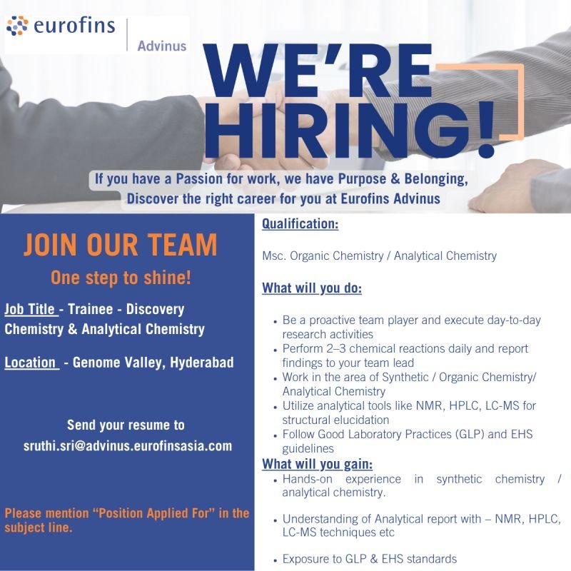 Freshers Needed In Trainee – Discovery Chemistry & Analytical Chemistry At Eurofins Advinus