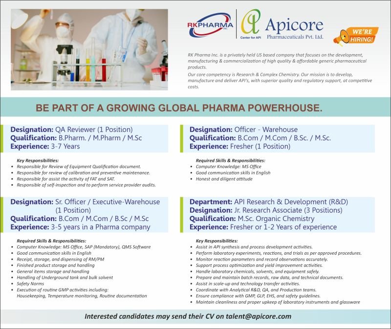 Freshers Needed In Quality Assurance / Warehouse / Research & Development At Apicore Pharmaceuticals