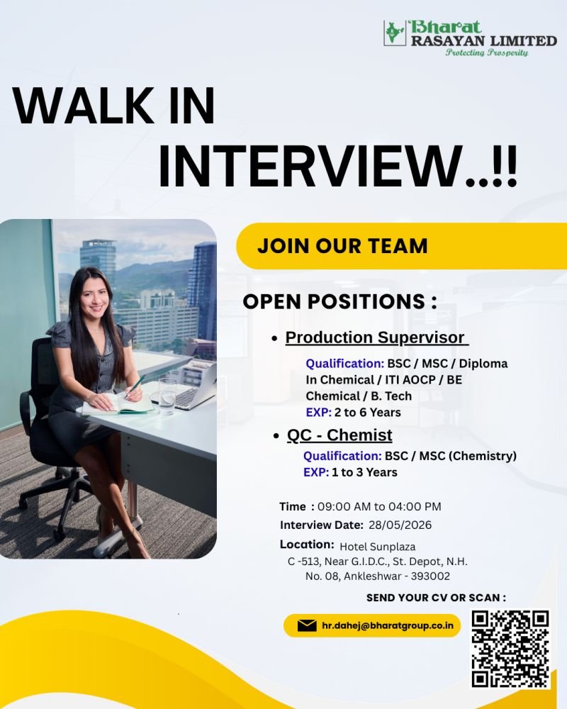 Bharat Rasayan Hiring For Production & Quality Control Bharat Rasayan Hiring For Production & Quality Control