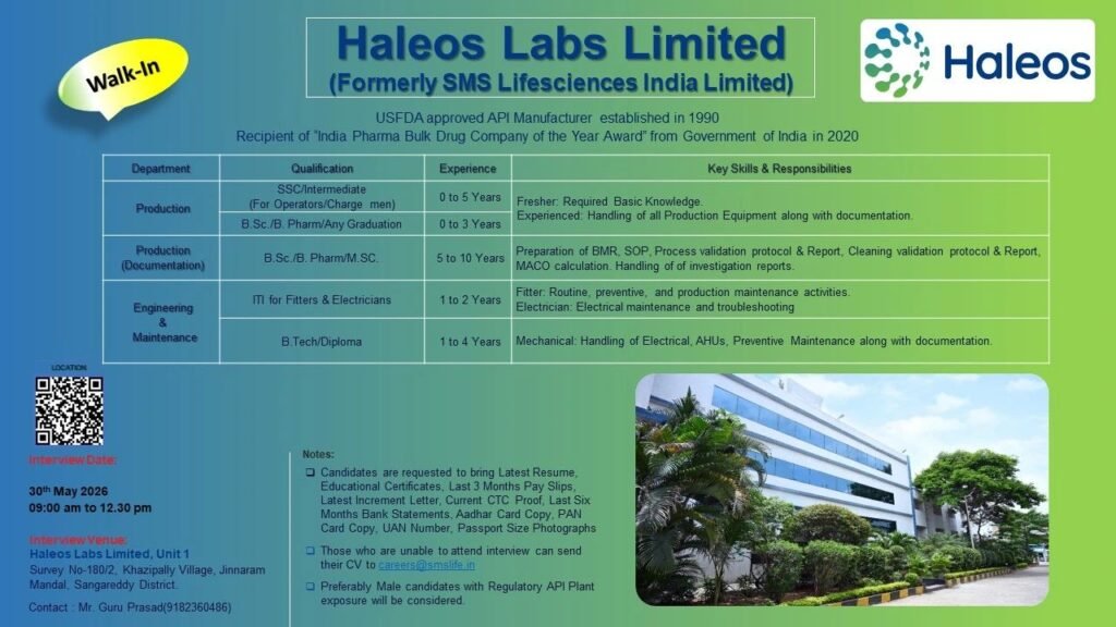 Freshers Needed In Production / Engineering & Maintenance At Haleos Labs