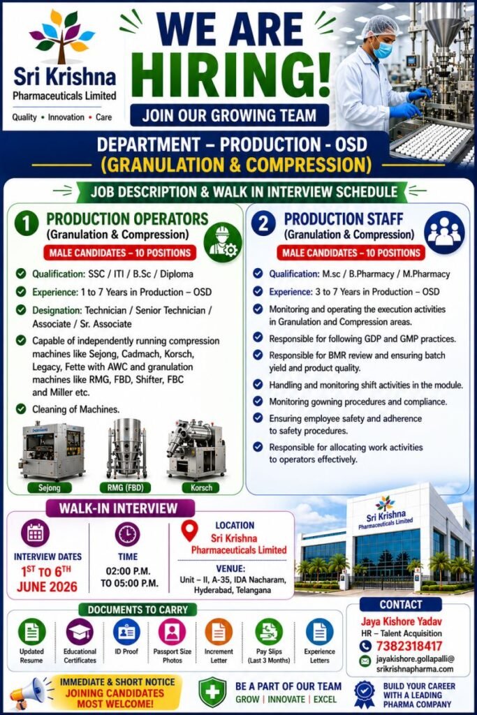 Sri Krishna Pharmaceuticals Hiring For Production – OSD