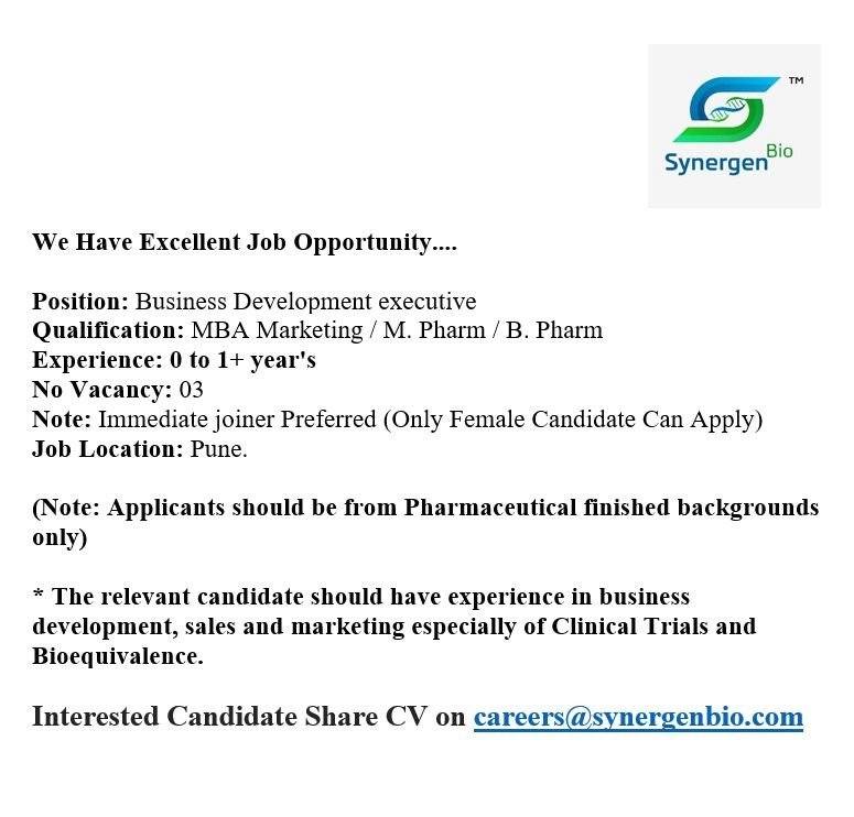 Freshers Needed In Business Development Executive At Synergen Bio