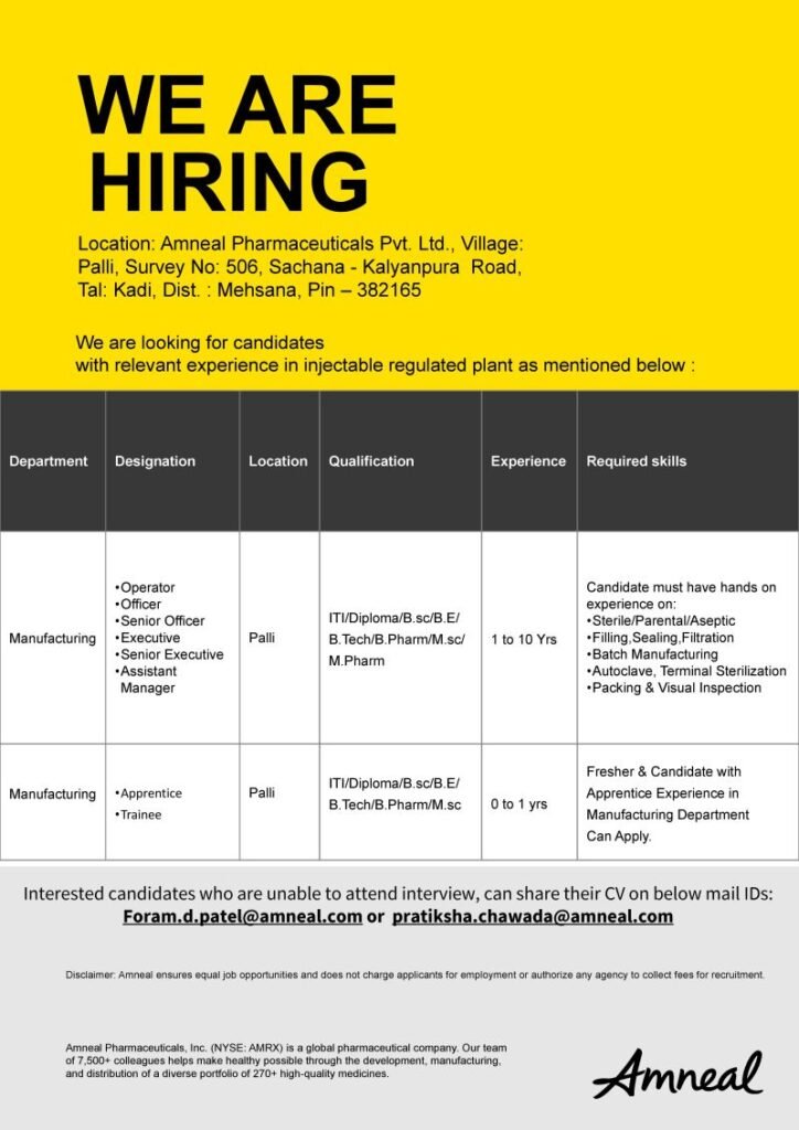 Freshers Needed In Manufacturing At Amneal Pharmaceuticals Pvt. Ltd.