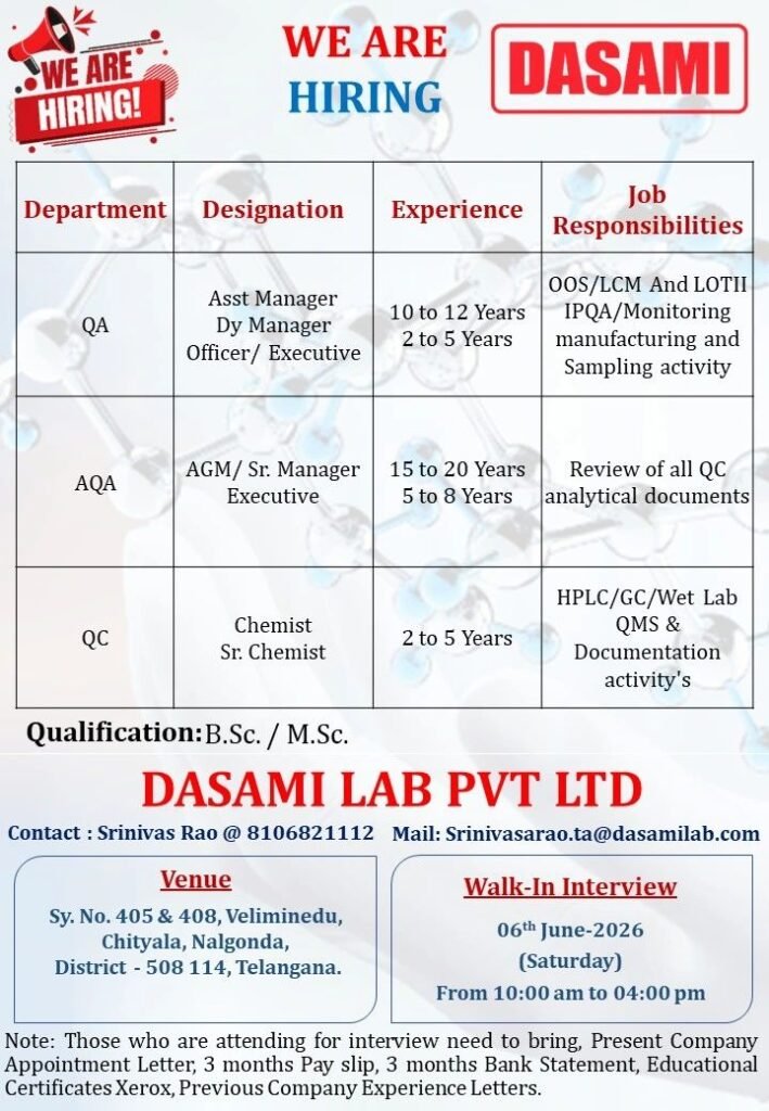 DASAMI Lab Hiring For Quality Assurance / Analytical Quality Assurance / Quality Control